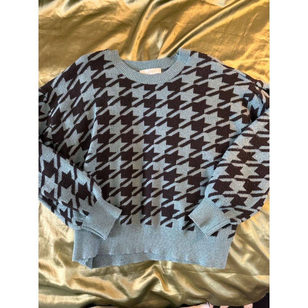 LOFT Turquoise & Black Houndstooth Balloon Sleeve Knit Sweater